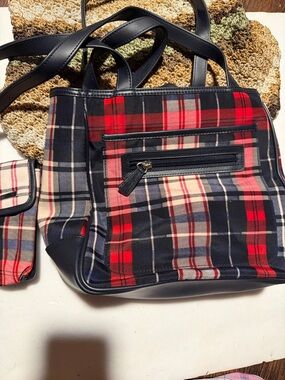 Plaid Tote Bag with Navy Trim - Red & Navy